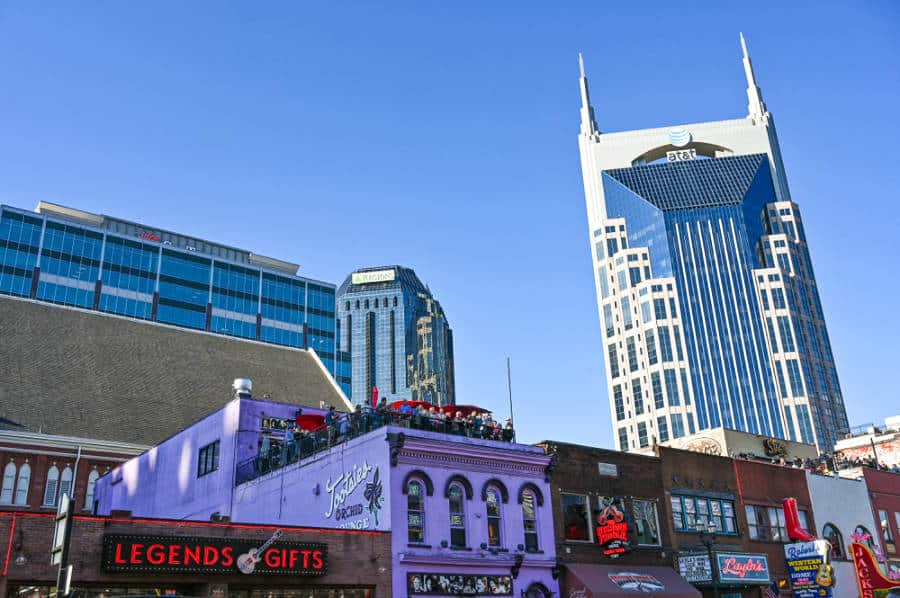 View of the AT&T building on the street of Broadway in Nashville