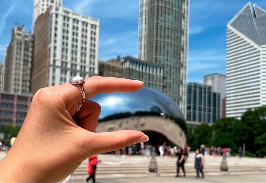 The author's hand and The Bean from afar