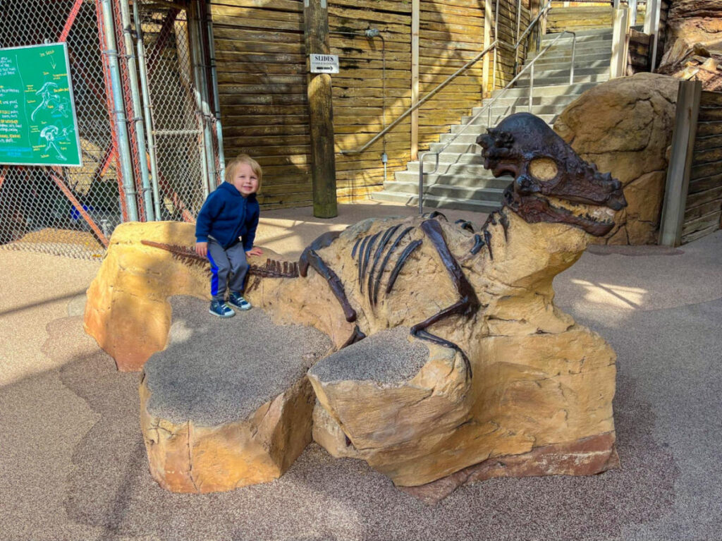 A child standing next to a dinosaur statue in the boneyard