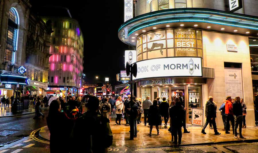 The Book of Mormon from the outside at night