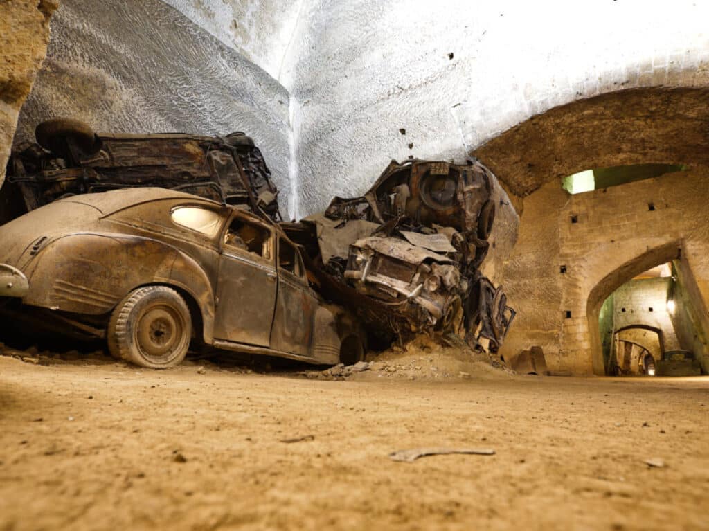 View of the old cars inside the Bourbon Tunnels