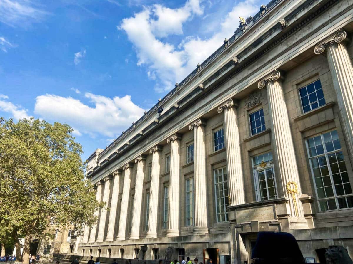 Exterior view of the grand British Museum in London