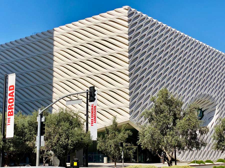 The Broad building from the outside under the clear blue sky