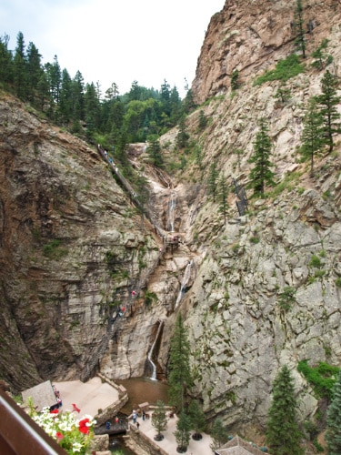 Overlooking view of the Broadmoor Seven Falls in Colorado Springs