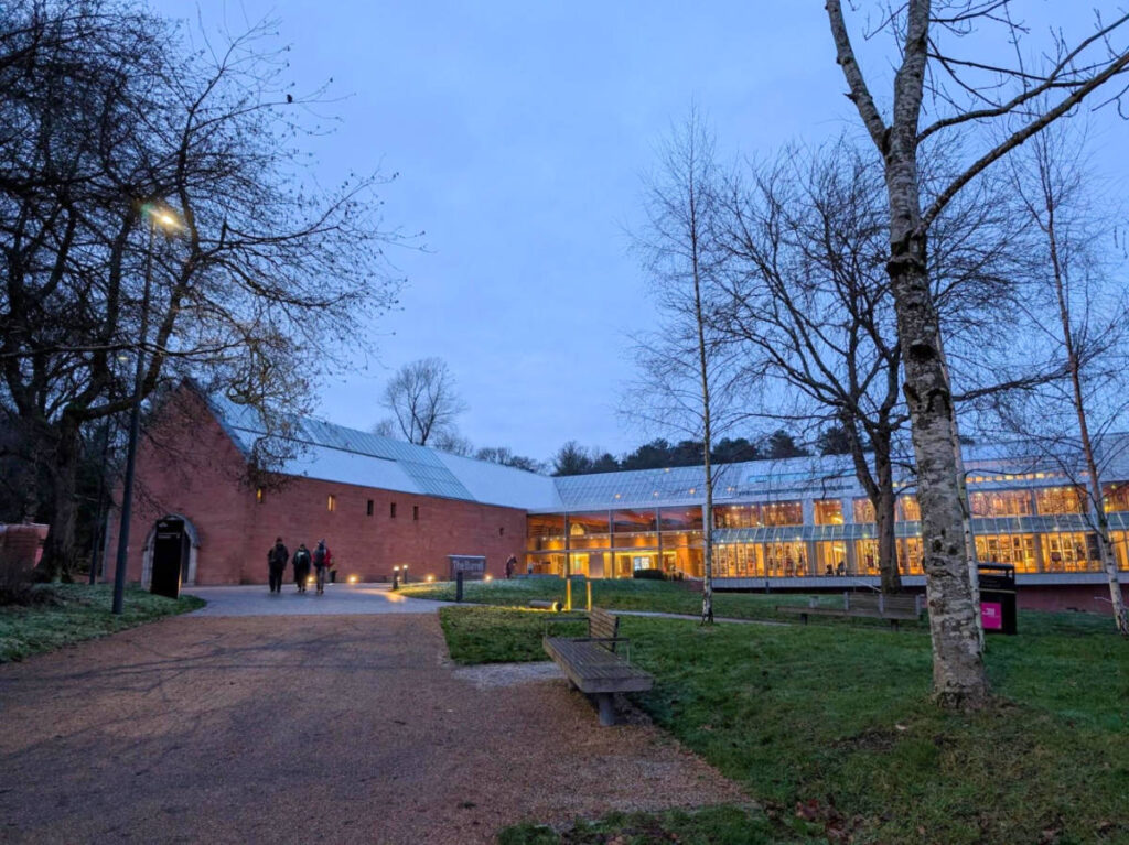 Exterior view of The Burrell Collection illuminated at night