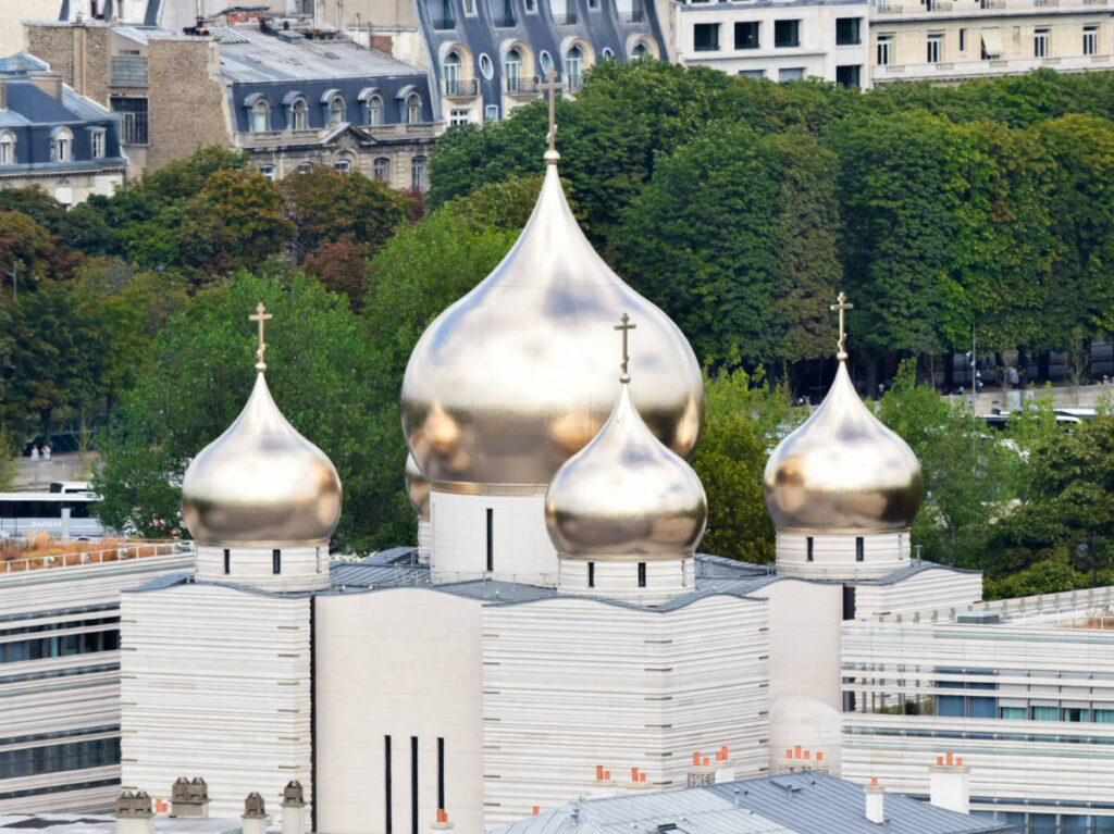 The Bulbous golden domes of classical and Byzantine style of the Holy Trinity Cathedral in Paris