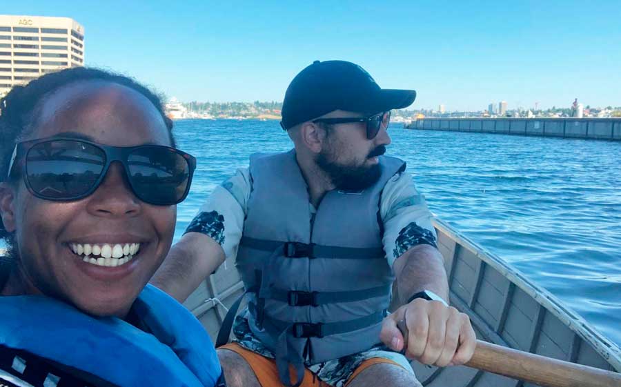 The author with her husband on a boat ride in The Center for Wooden Boats