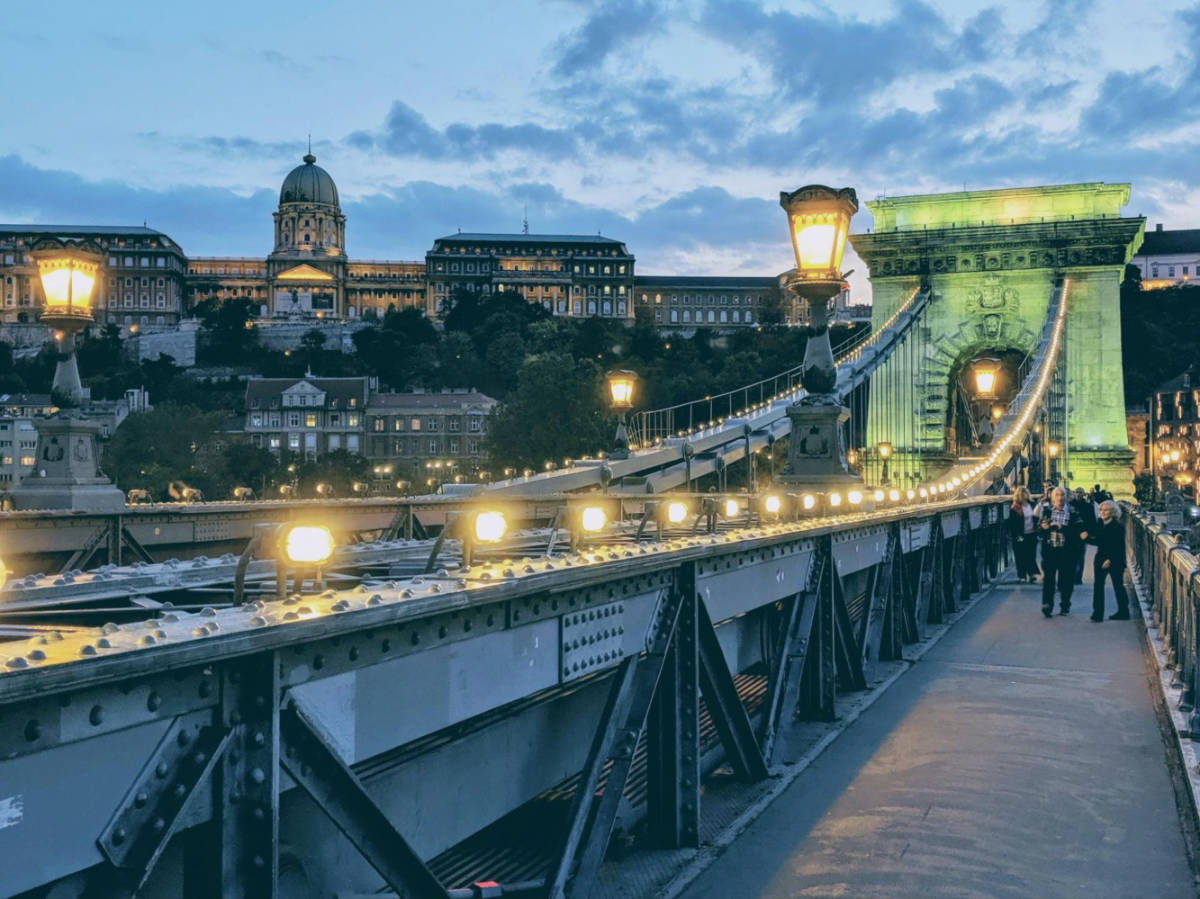 View of The Chain Bridge with Buda Castle in the background at dusk