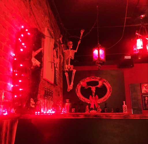 A skeleton display inside The Church Cantina in Tacoma