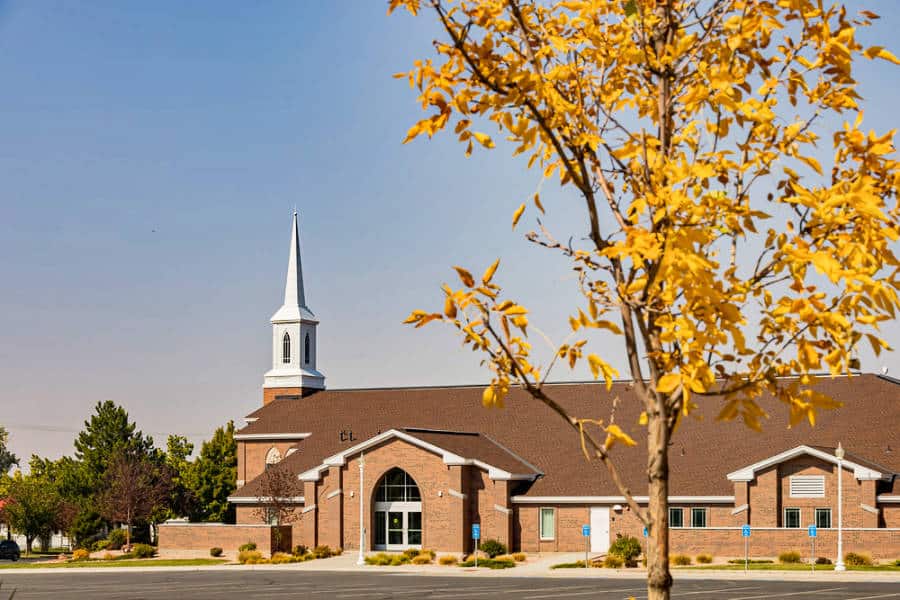 View of the yellow tree in front of The Church of Jesus Christ of Latter-day Saints at Parowan