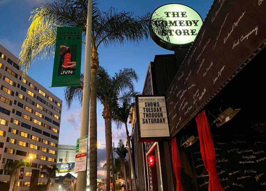 View of the illuminated sign of The Comedy Store in Los Angeles