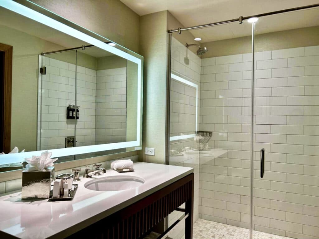 View of the vanity inside the bathroom of The Crawford hotel