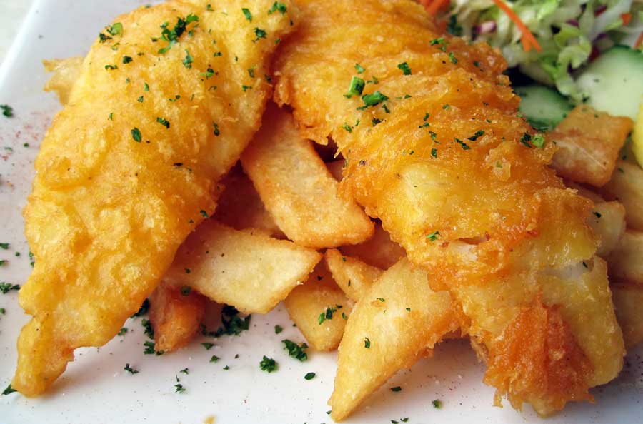 A fish and chips with parsley from The Dearborn
