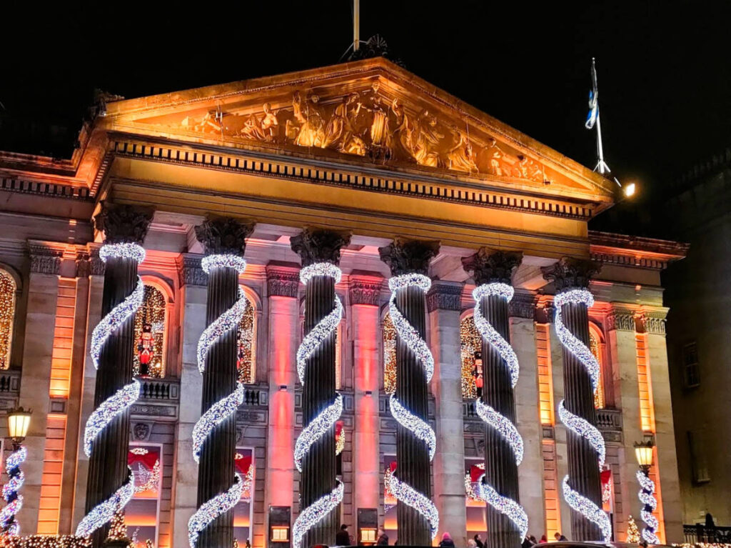 Exterior view of the Dome restaurant and bar in Edinburgh at night