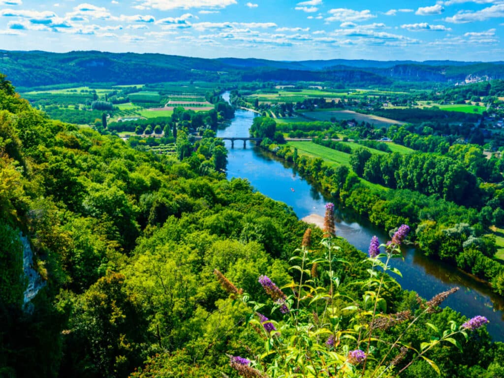Aerial view of the river and the lush landscape of Dordogne region
