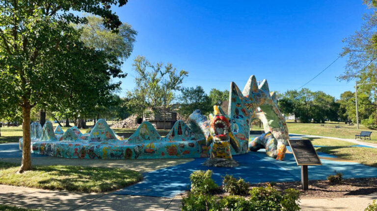 The colorful play area at Fannie Mae Dees Park