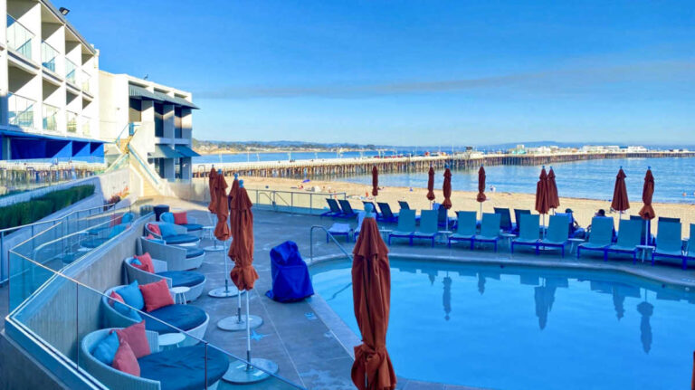 Overlooking view of the wharf from the pool area of the Dream Inn