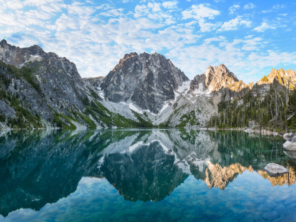 Reflection of a mountain on water during a hike in The Enchantments