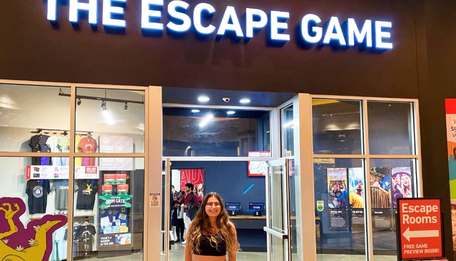 The author Isabelle Pavese standing outside The Escape Game in Las Vegas