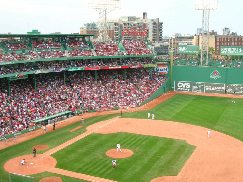 Aerial view of a baseball game at Boston's Fenway Park