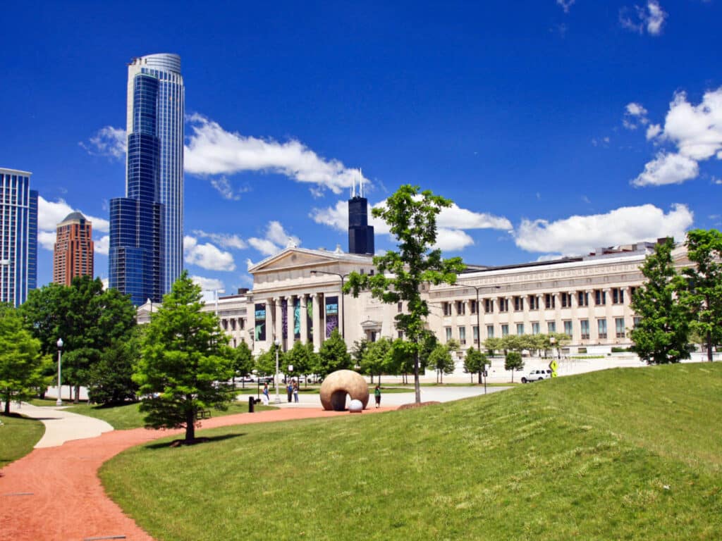Picturesque view of the facade of The Field Museum at Museum Campus