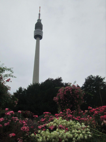 Flower garden in the foreground with the Florianturm tower in the background