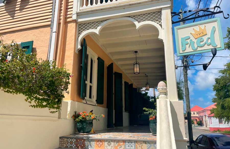 A staircase going to The Fred hotel