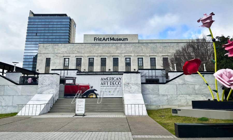 View of the façade and the huge rose sculptures outside of The Frist Art Museum in The Gulch neighborhood