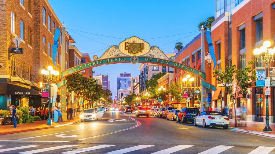 View of the busy street in The Gaslamp Quarter