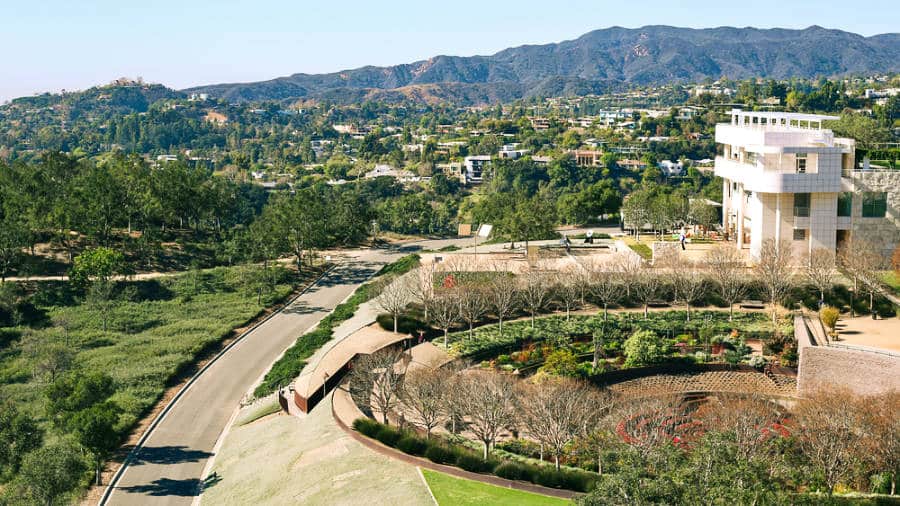 Aerial view of the buildings, garden and overlooking view from The Getty