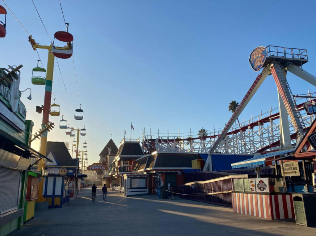 View of the roller coaster and other rides at The Giant Dipper