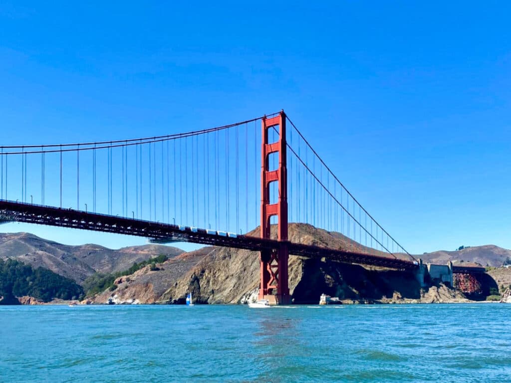View of the Golden Gate Bridge with a clear blue sky in the background