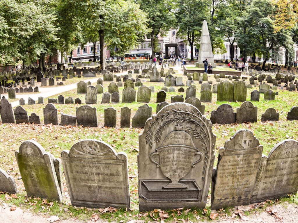 View of the tombs at the Granary Burying Ground on the Boston Freedom Trail