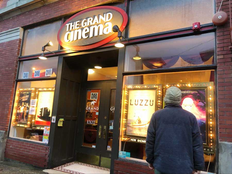 View of The Grand Cinema signage on the entrance