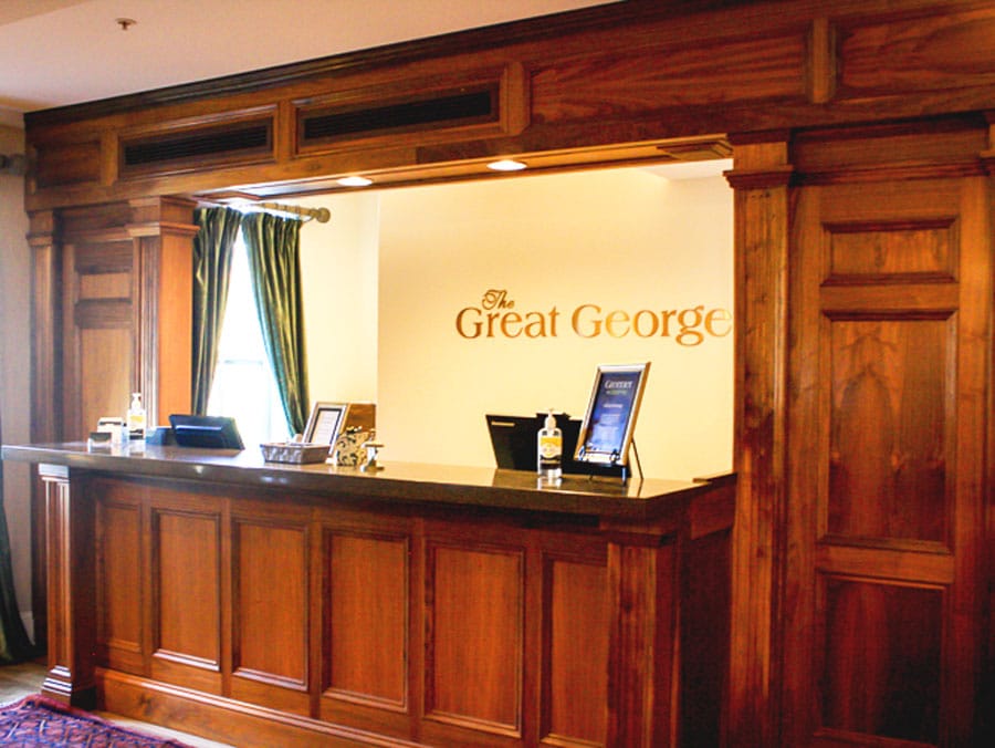 View of the reception desk in The Great George Hotel