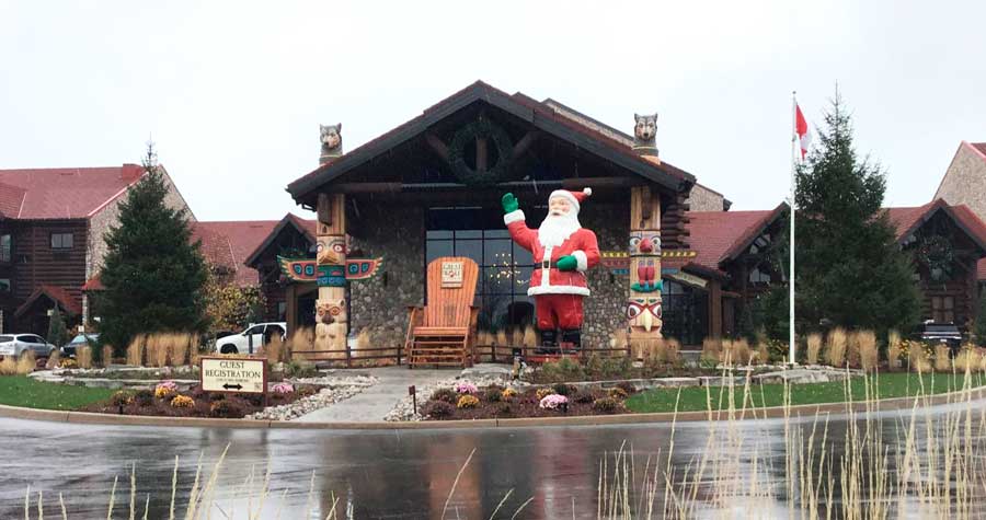 The Great Wolf Lodge with Christmas decorations on the outside