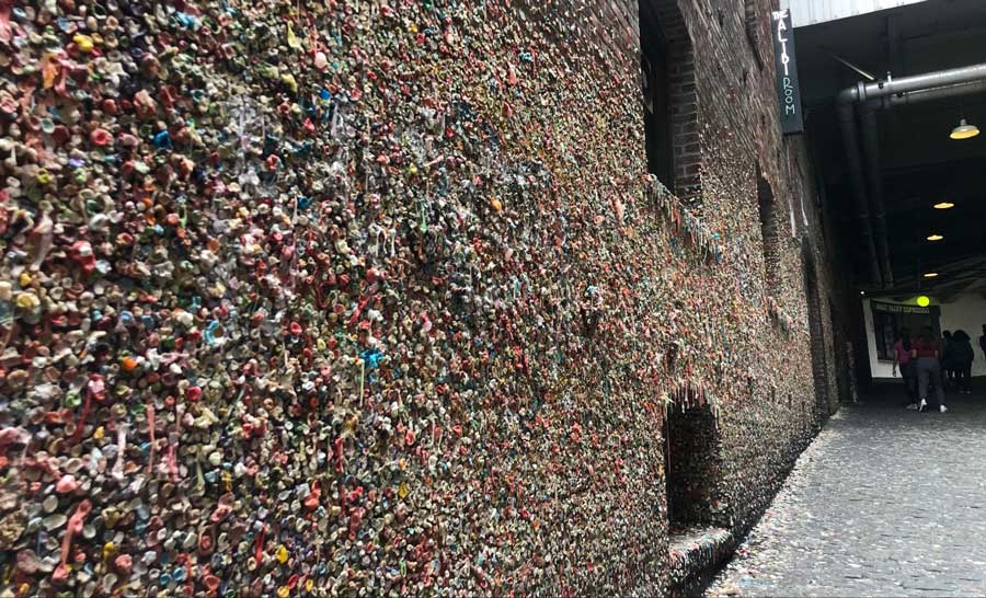 A small part of The Gum Wall in Pike Place Market
