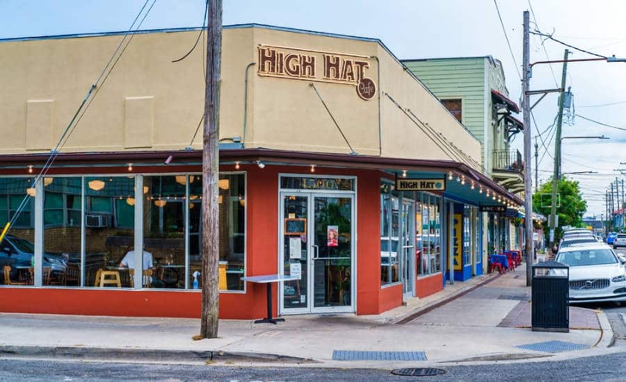 Exterior view of the High Hat Cafe on the corner of the street