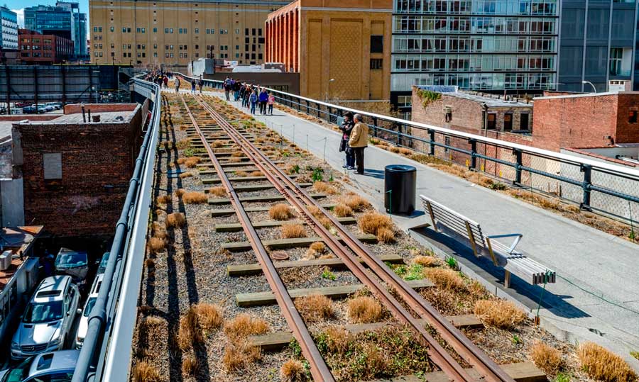 Railroad track in The High Line in New York City