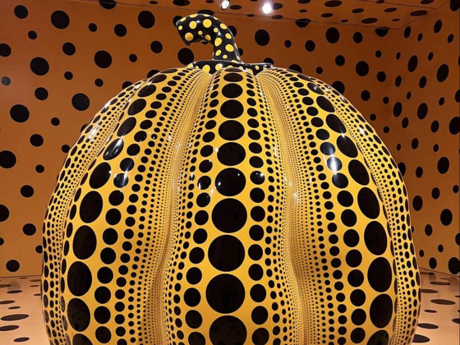 View of the massive yellow The Pumpkin sculpture by Yayoi Kusama surrounded with polka dots