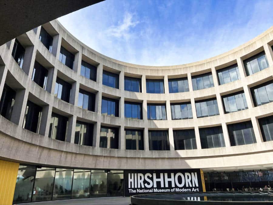 View of the curve structure of The Hirshhorn Museum with glass panels around