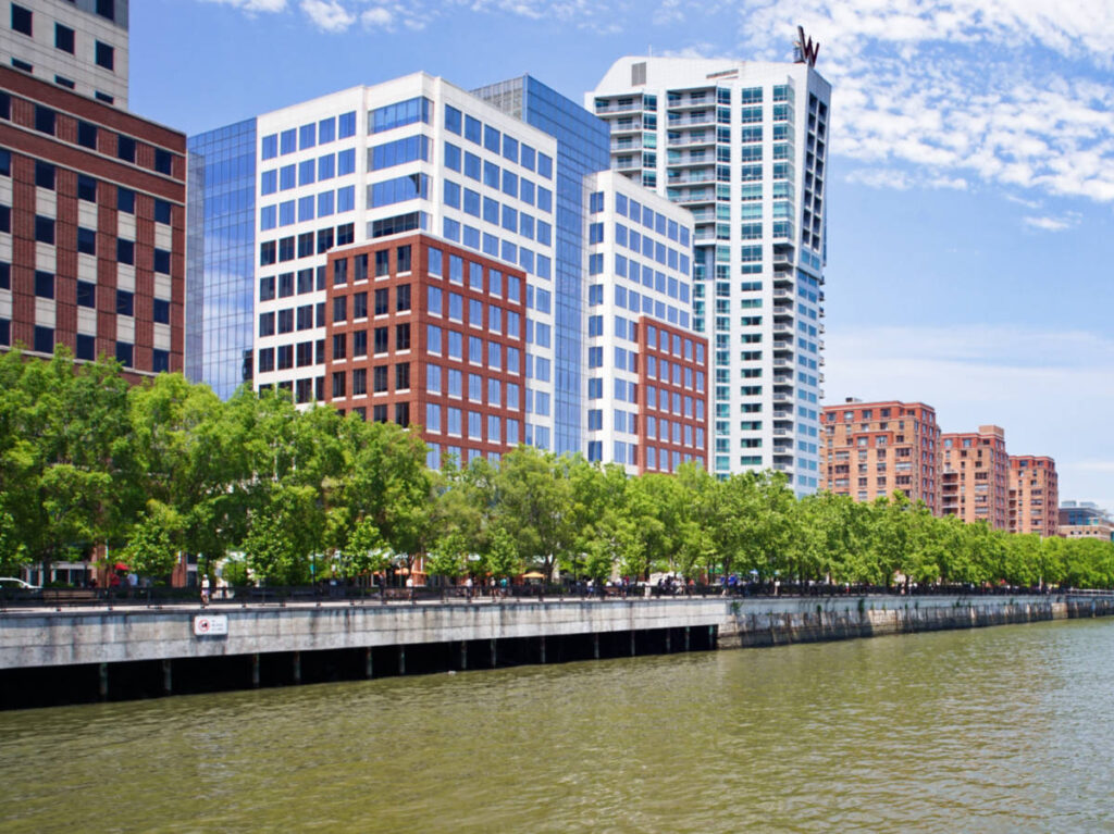 View of the buildings along the Hoboken Waterfront Area near the Hudson River