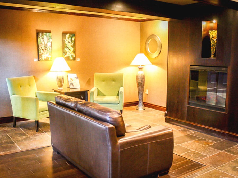 View of couches in the lounge area of The Hotel on Pownal