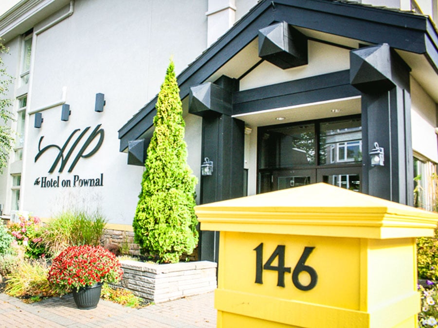 View of the entrance to The Hotel on Pownal