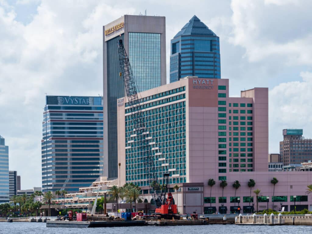 Exterior view of the Hyatt Regency and other skyscrapers on St. Johns River