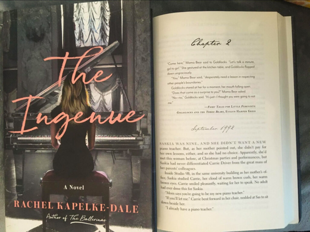 Bookcover and a page from The Ingenue: A Novel by Rachel Kapelke-Dale
