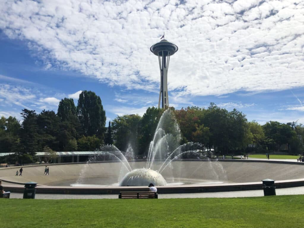 View of the International Fountain and the Space Needle in the background