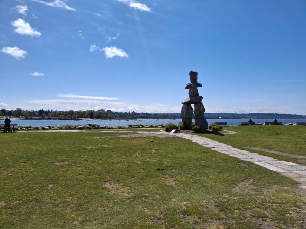 View of The Inukshuk stone landmark at the waterfront