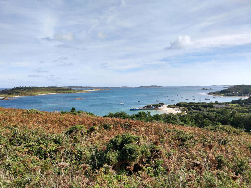 Overlooking view of The Isles of Scilly from the lush hills