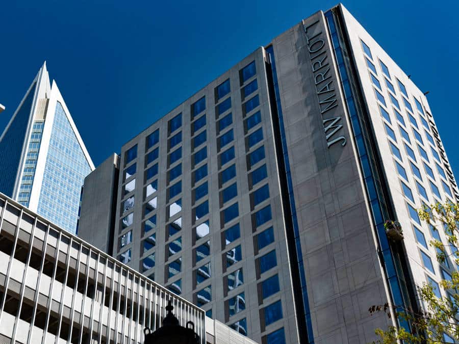 Exterior view of the The JW Marriott with a clear blue sky in the background